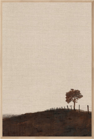 Chestnut Country II wall art featuring a lone tree and fence on a textured beige background.