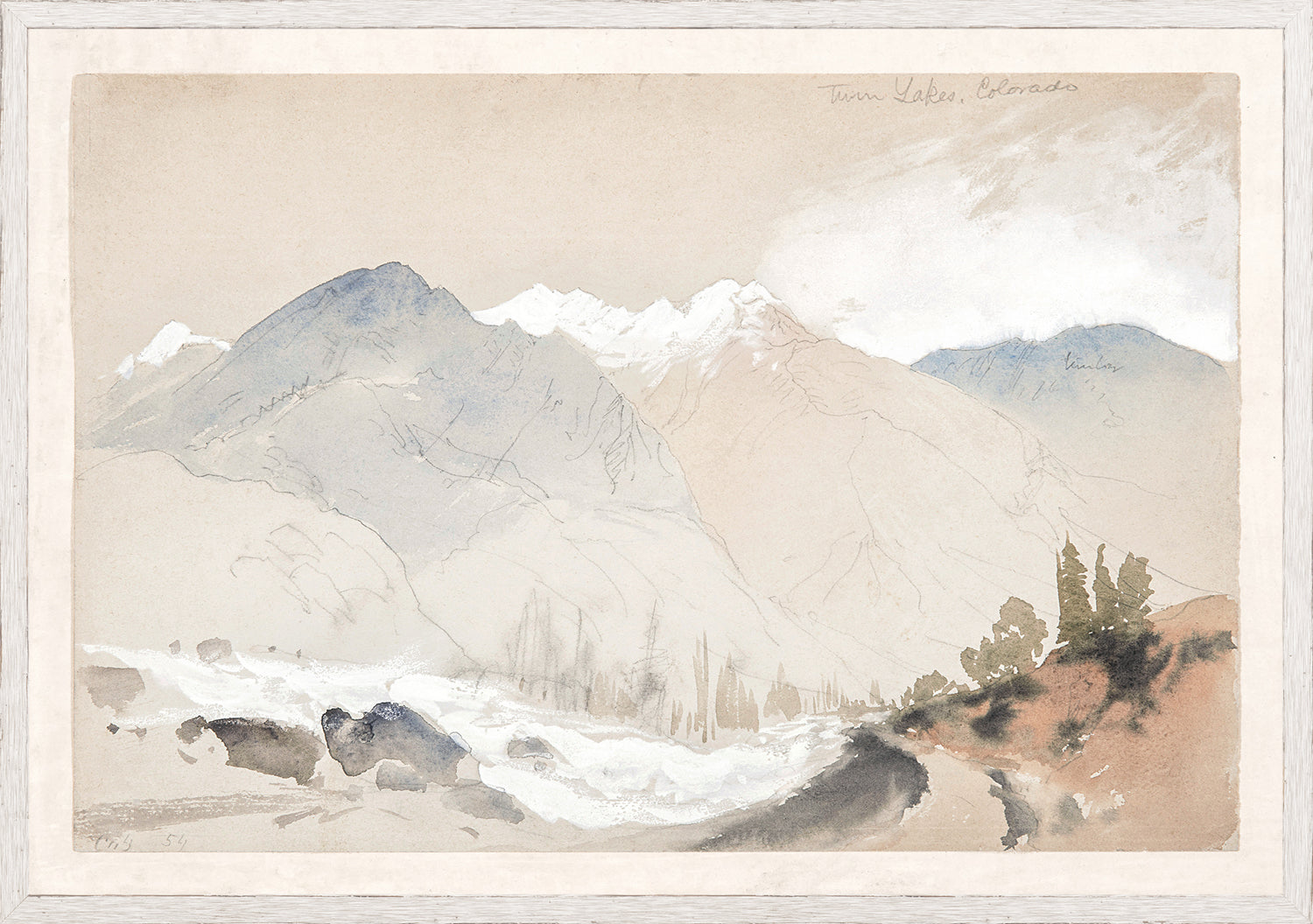 Moran – Twin Lakes, Colorado C. 1888 wall art featuring soft watercolor mountains and a serene landscape.
