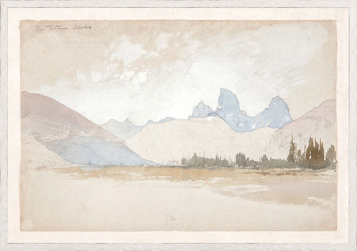 Moran – The Teton, Idaho C. 1888 wall art featuring soft pastel mountains and a serene landscape.