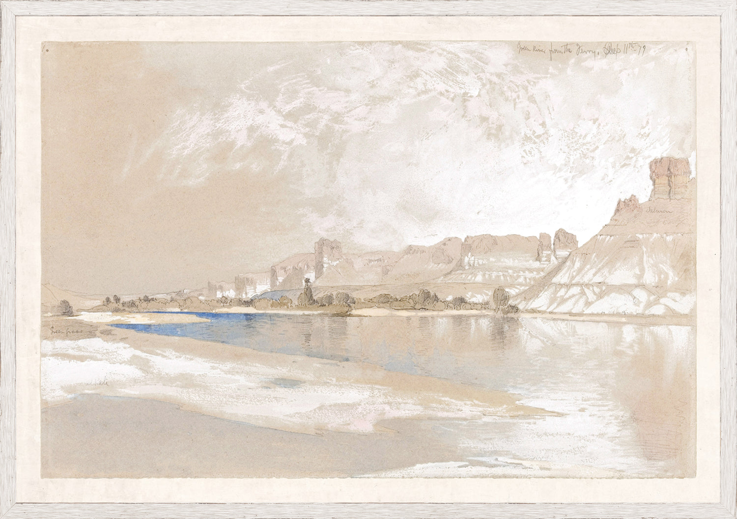 Moran – Green River, Wyoming I C. 1888 wall art featuring a serene river landscape with soft colors.