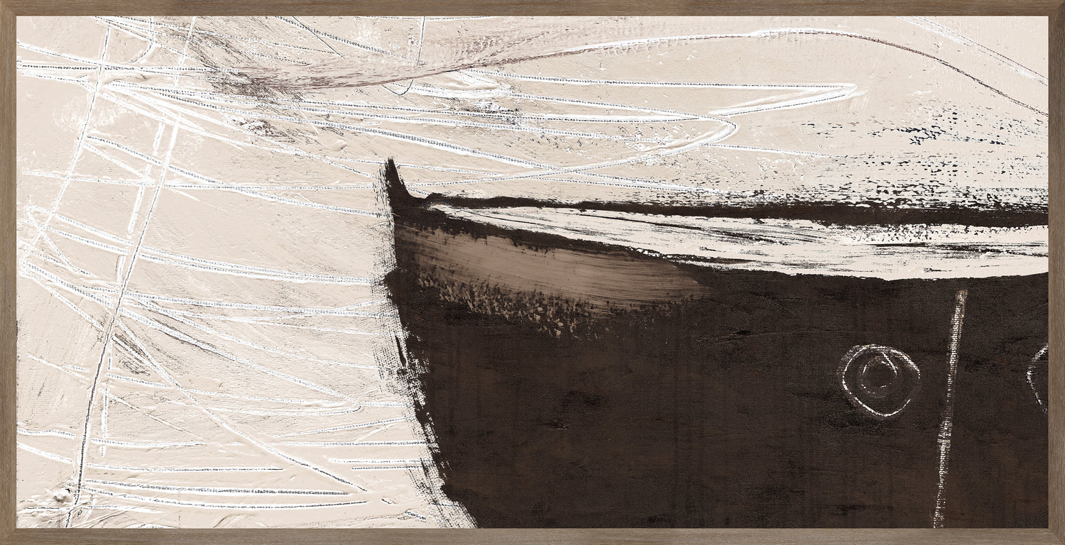 Vessel I wall art featuring abstract brown boat design on a textured light background.