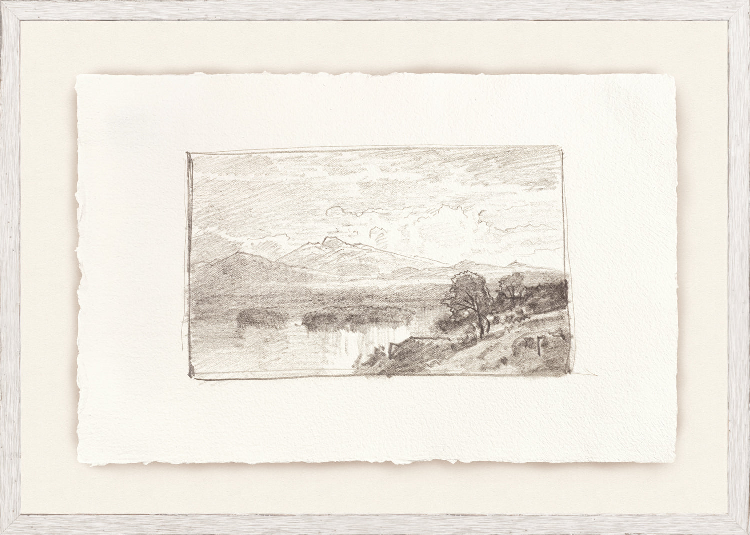 Sketchbook Landscapes IV C. 1892 by Celadon, pencil sketch of mountains and lake on textured paper.