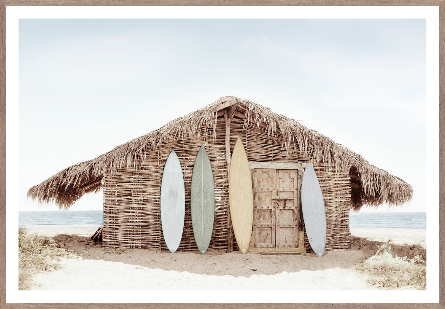Beach Hut wall art featuring a thatched roof hut with surfboards in pastel colors