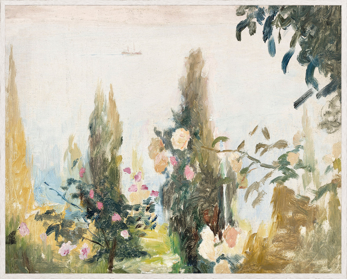 Raw Canvas Series – Garden View wall art featuring soft pastel flowers and greenery against a light background.