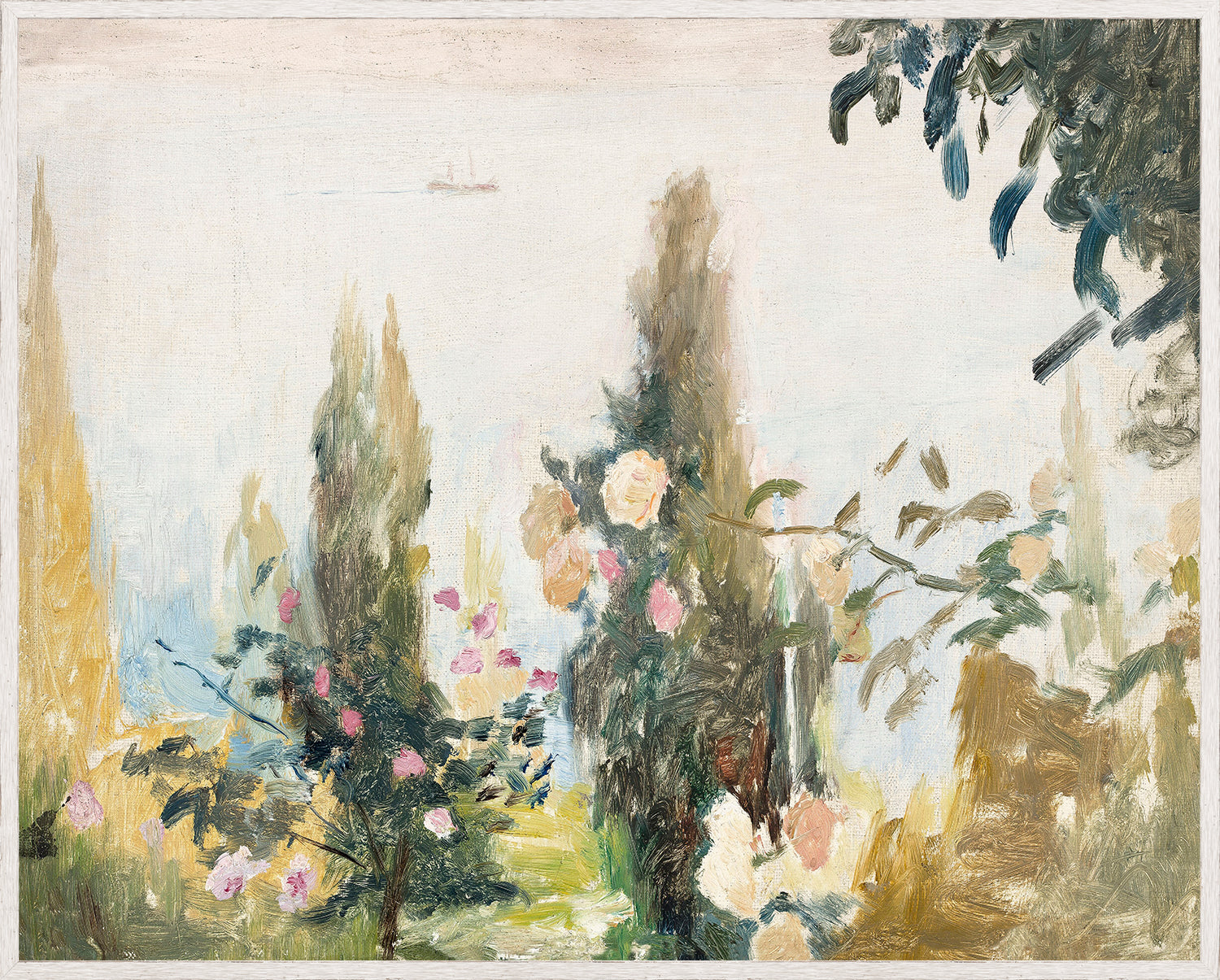 Raw Canvas Series – Garden View wall art featuring soft pastel flowers and greenery against a light background.