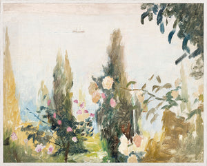 Raw Canvas Series – Garden View wall art featuring soft pastel flowers and greenery against a light background.