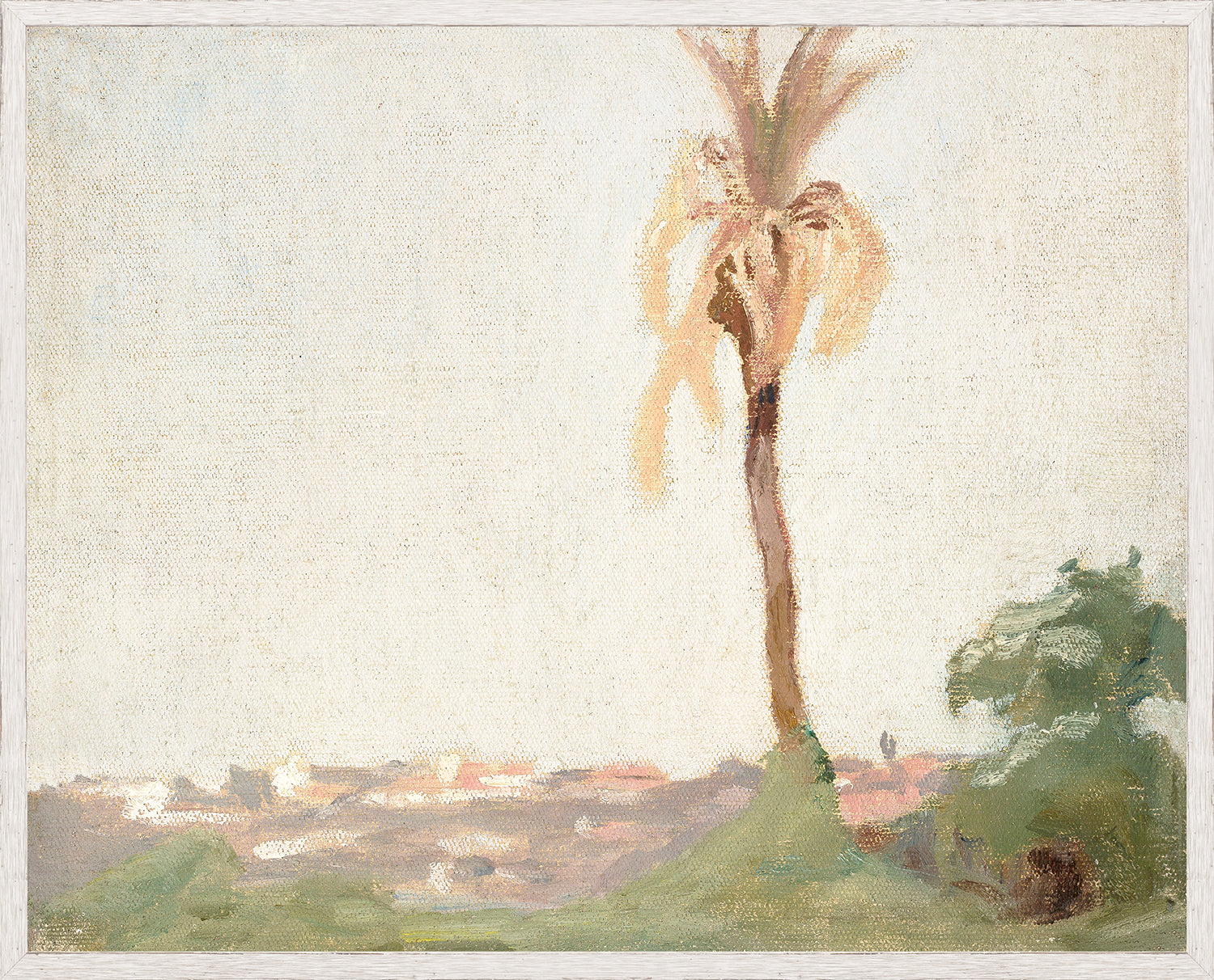 Raw Canvas Series – Pastel Palm I, a soft pastel painting of a palm tree against a light background.