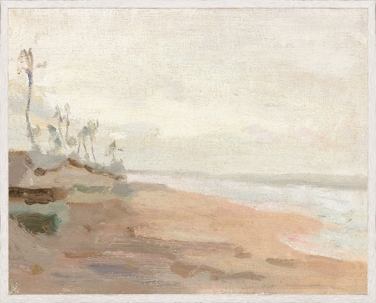Raw Canvas Series – Low Tide wall art featuring a soft beach scene with muted colors and gentle waves.