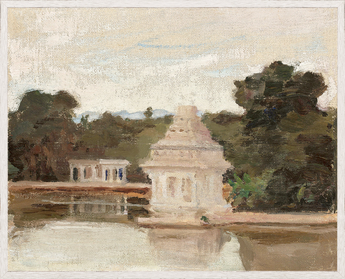 Raw Canvas Series – Temple wall art featuring a serene temple by a lake, surrounded by trees.