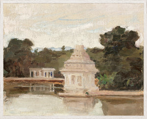 Raw Canvas Series – Temple wall art featuring a serene temple by a lake, surrounded by trees.