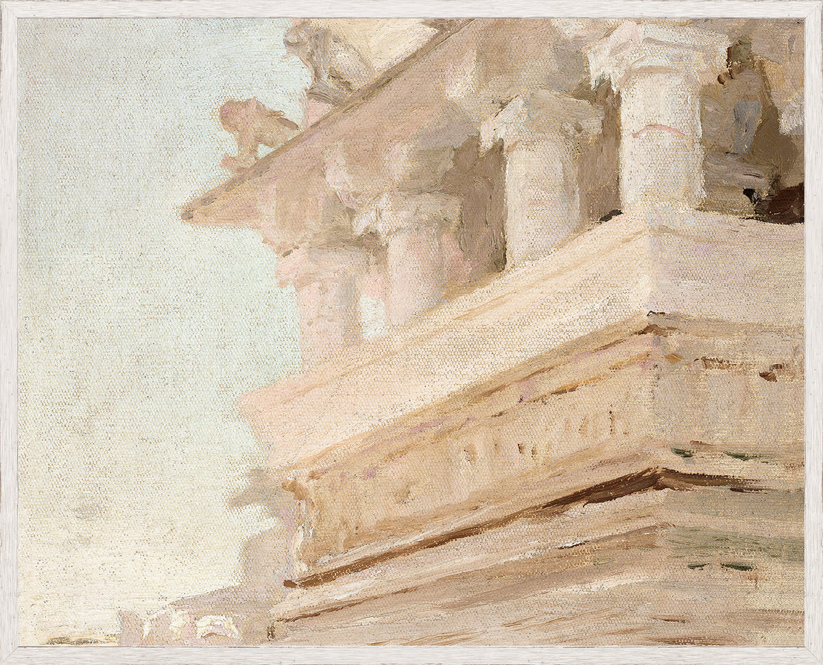 Raw Canvas Series – Pastel Facade, soft pastel colors, textured wall art with architectural details.