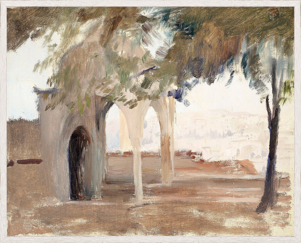 Raw Canvas Series – Arches wall art featuring an abstract landscape with arches and trees in soft colors.