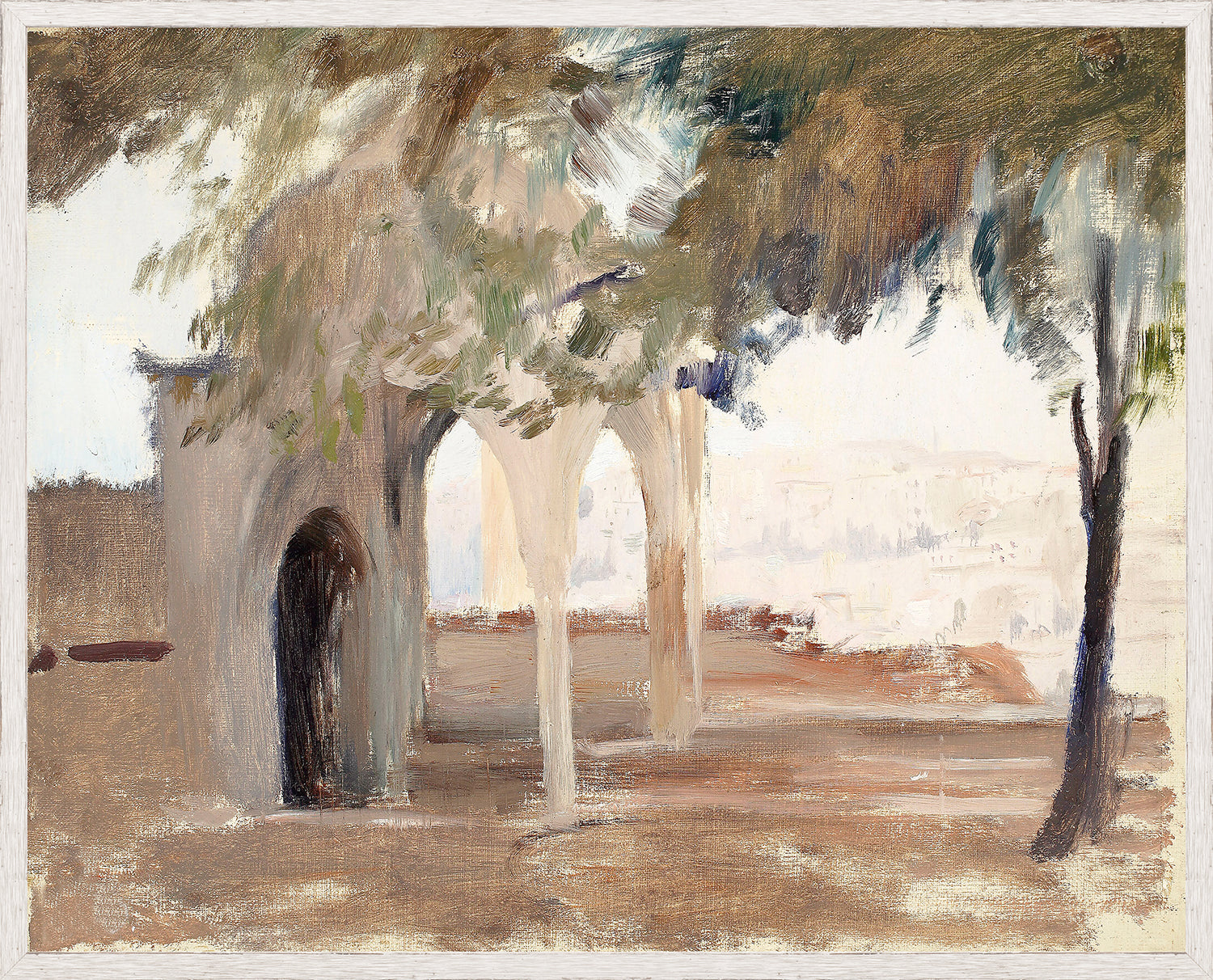 Raw Canvas Series – Arches wall art featuring an abstract landscape with arches and trees in soft colors.