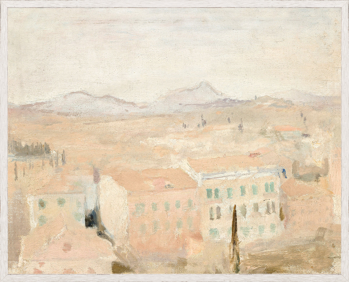 Raw Canvas Series – View from the Balcony, soft pastel landscape with mountains and buildings in muted colors.