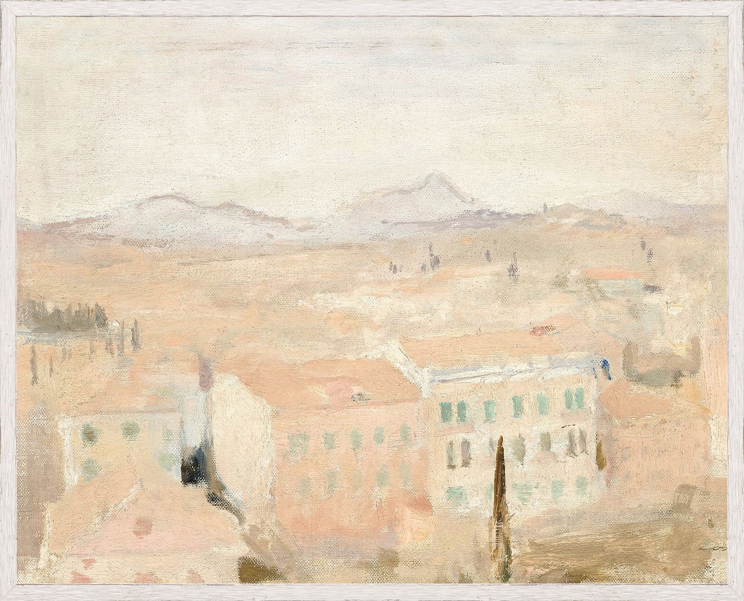Raw Canvas Series – View from the Balcony, soft pastel landscape with mountains and buildings in muted colors.