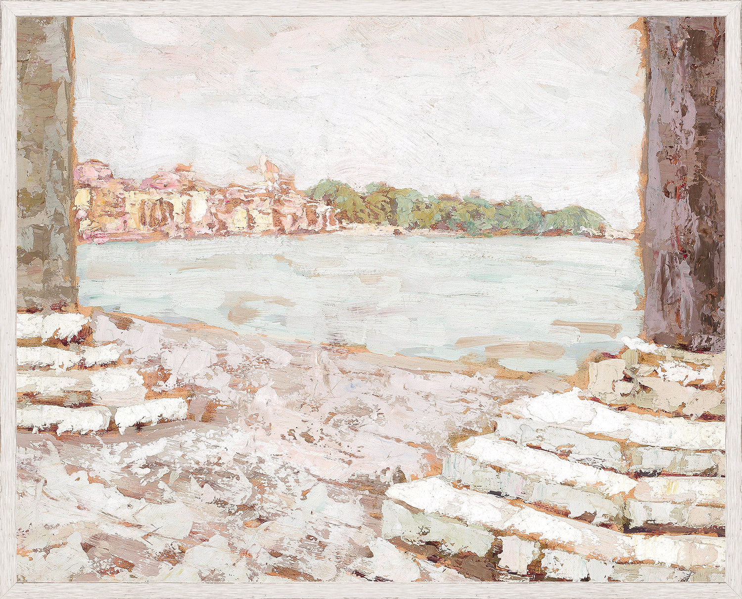 Raw Canvas Series – Piazzetta View wall art featuring a serene waterfront scene with soft colors.