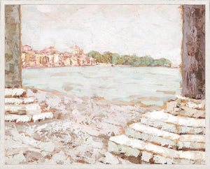 Raw Canvas Series – Piazzetta View wall art featuring a serene waterfront scene with soft colors.