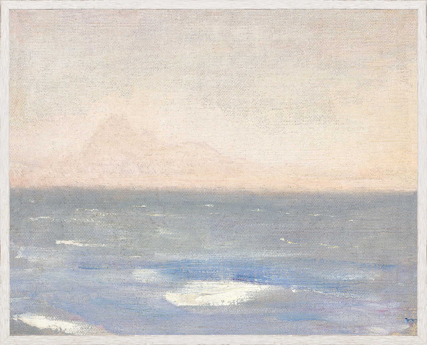 Raw Canvas Series – View from the Sea, soft pastel seascape with gentle waves and hazy mountains.