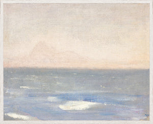 Raw Canvas Series – View from the Sea, soft pastel seascape with gentle waves and hazy mountains.