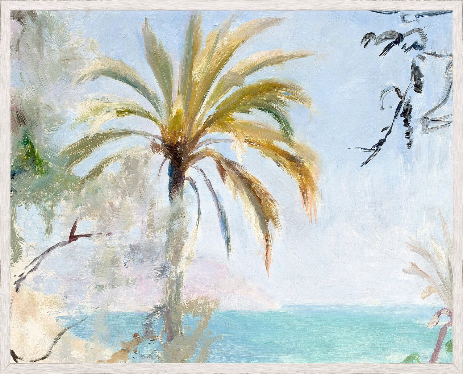 Raw Canvas Series – Italian Coast I featuring a palm tree against a blue sky and ocean.