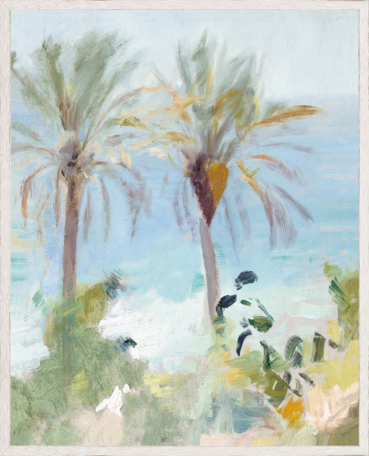 Raw Canvas Series – Italian Coast II featuring two palm trees against a soft blue ocean backdrop.
