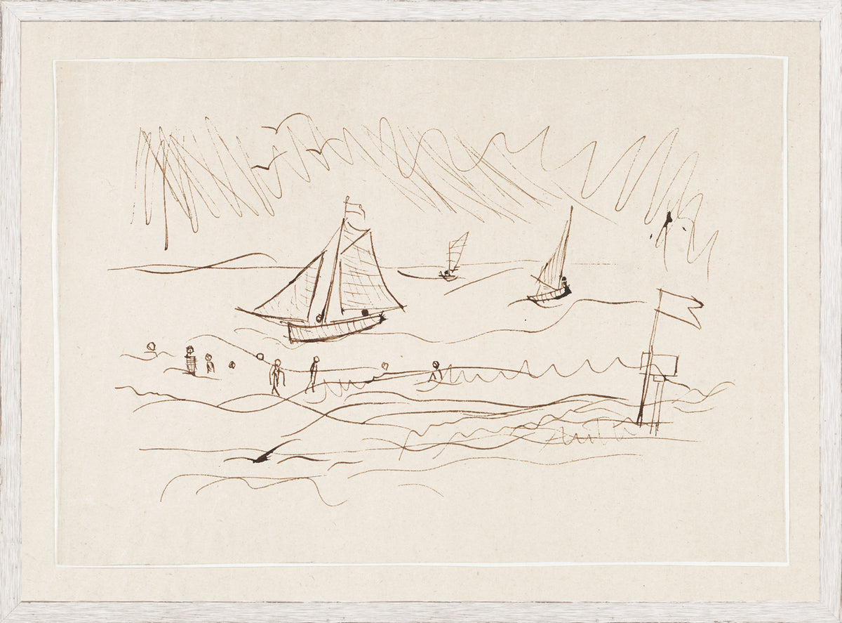 Pen and Ink Seaside I wall art featuring a sketched seaside scene with sailboats and figures.