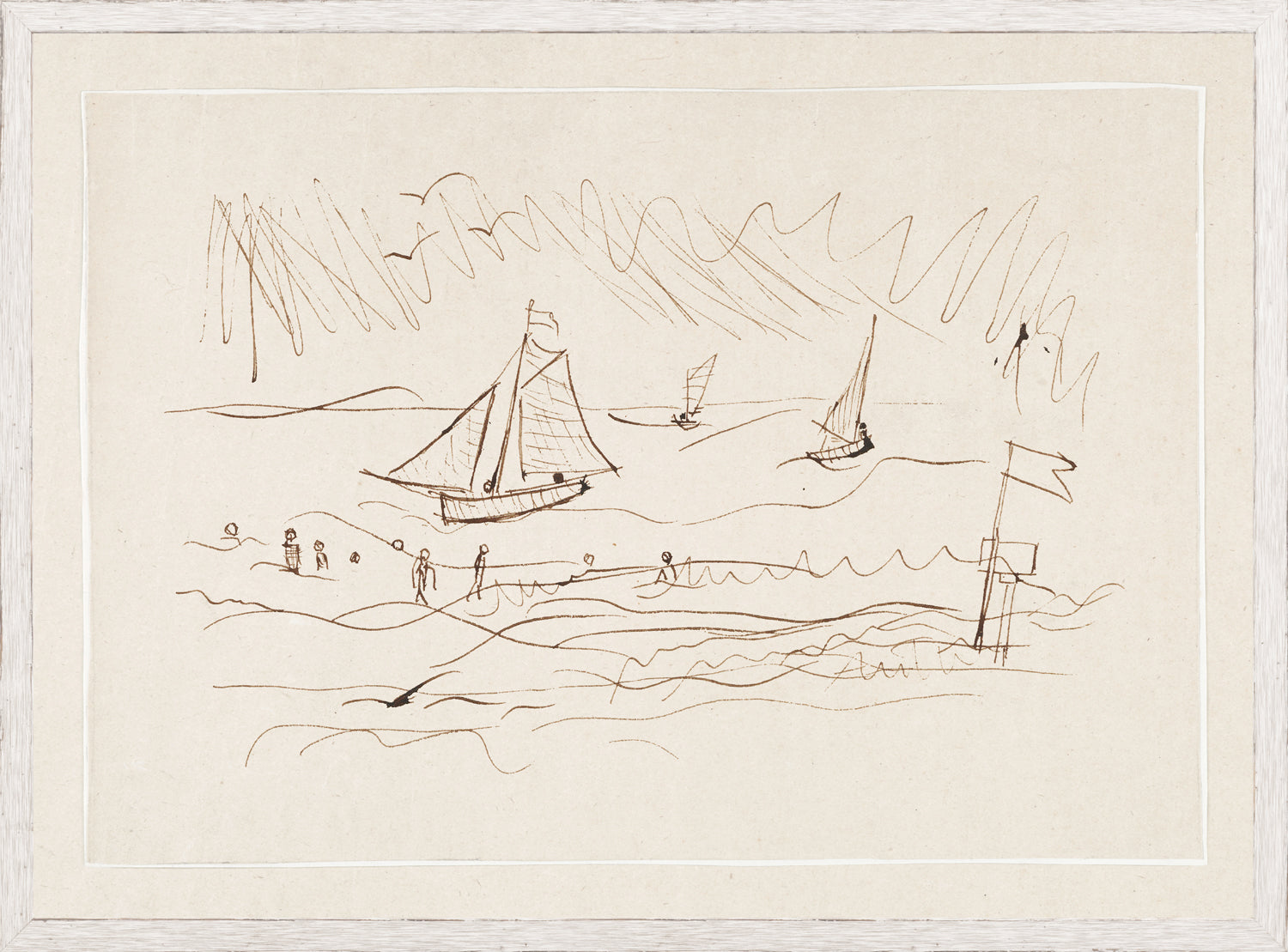 Pen and Ink Seaside I wall art featuring a sketched seaside scene with sailboats and figures.