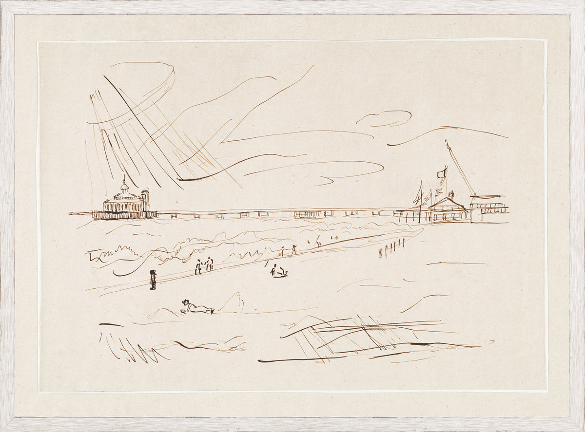 Pen and Ink Seaside II wall art featuring a seaside scene with a pier and people, in brown ink on beige paper.