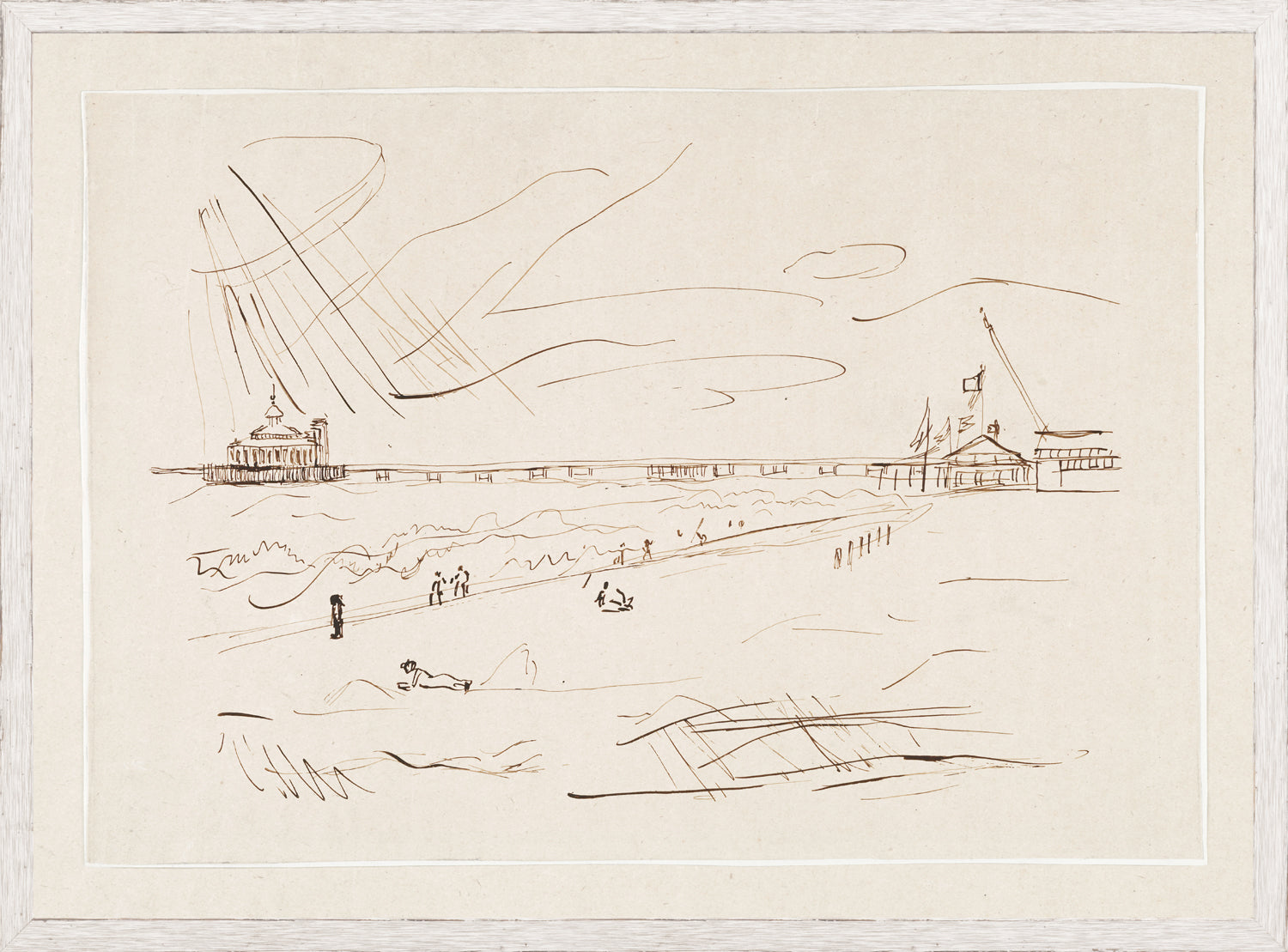 Pen and Ink Seaside II wall art featuring a seaside scene with a pier and people, in brown ink on beige paper.