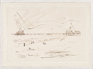 Pen and Ink Seaside II wall art featuring a seaside scene with a pier and people, in brown ink on beige paper.