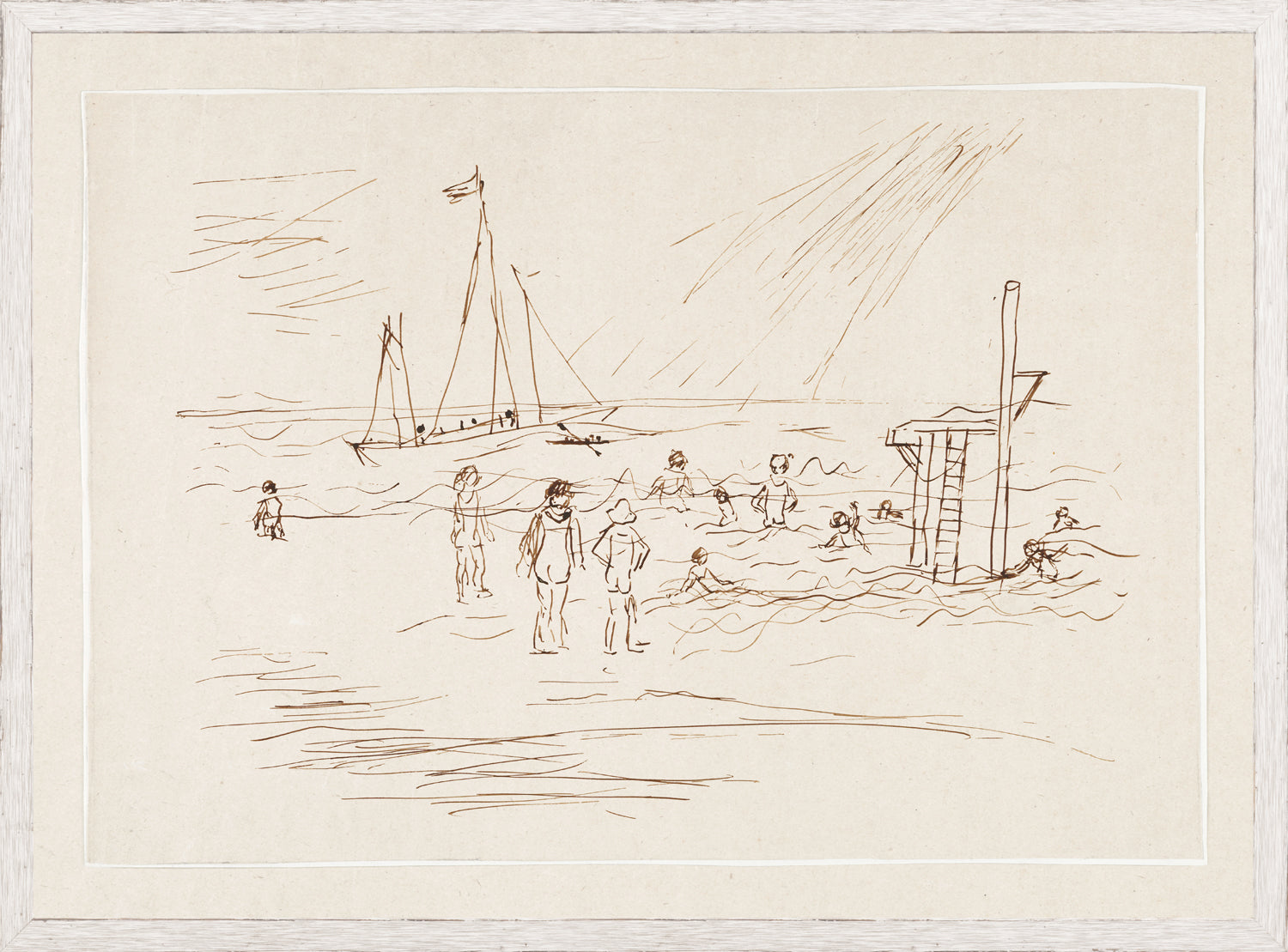 Pen and Ink Seaside III wall art featuring a beach scene with figures and a sailboat.