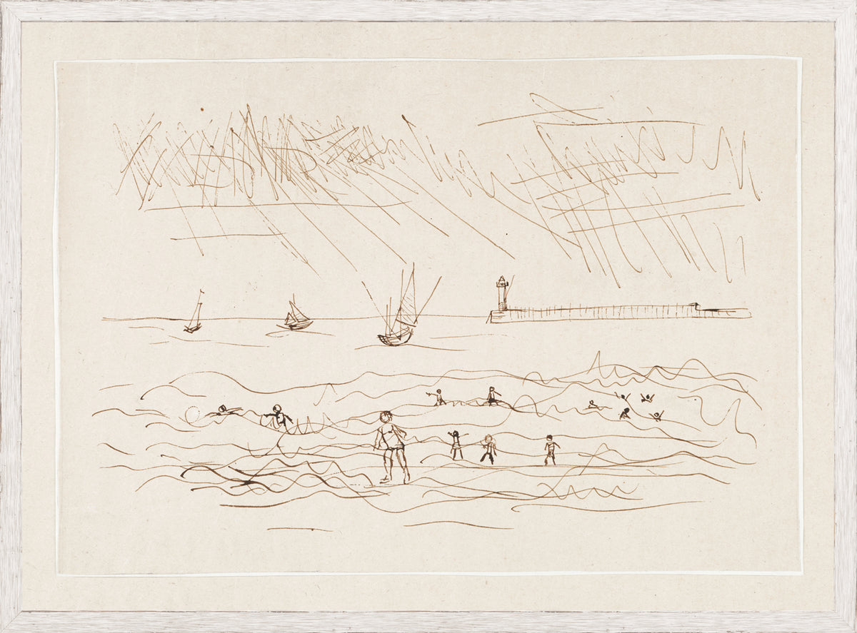 Pen and Ink Seaside IV wall art featuring a seaside scene with boats and people in the waves.