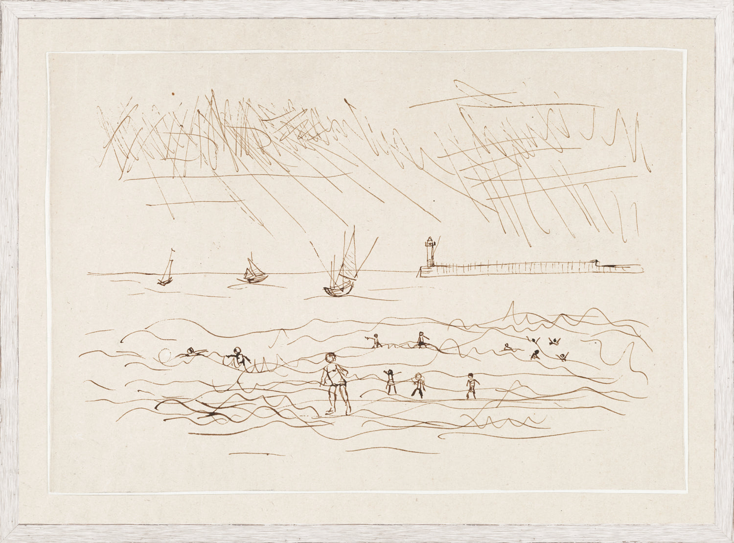 Pen and Ink Seaside IV wall art featuring a seaside scene with boats and people in the waves.