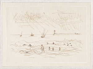 Pen and Ink Seaside IV wall art featuring a seaside scene with boats and people in the waves.