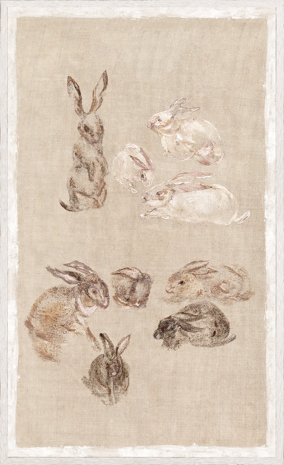 Lapins Sur Lin wall art featuring various rabbit illustrations on a textured linen background.