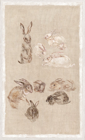 Lapins Sur Lin wall art featuring various rabbit illustrations on a textured linen background.