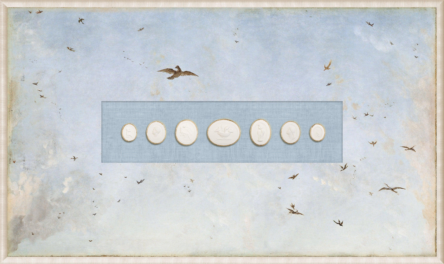 Grand Tour Intaglio – Soaring III wall art featuring white intaglios on a light blue background.