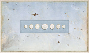 Grand Tour Intaglio – Soaring III wall art featuring white intaglios on a light blue background.