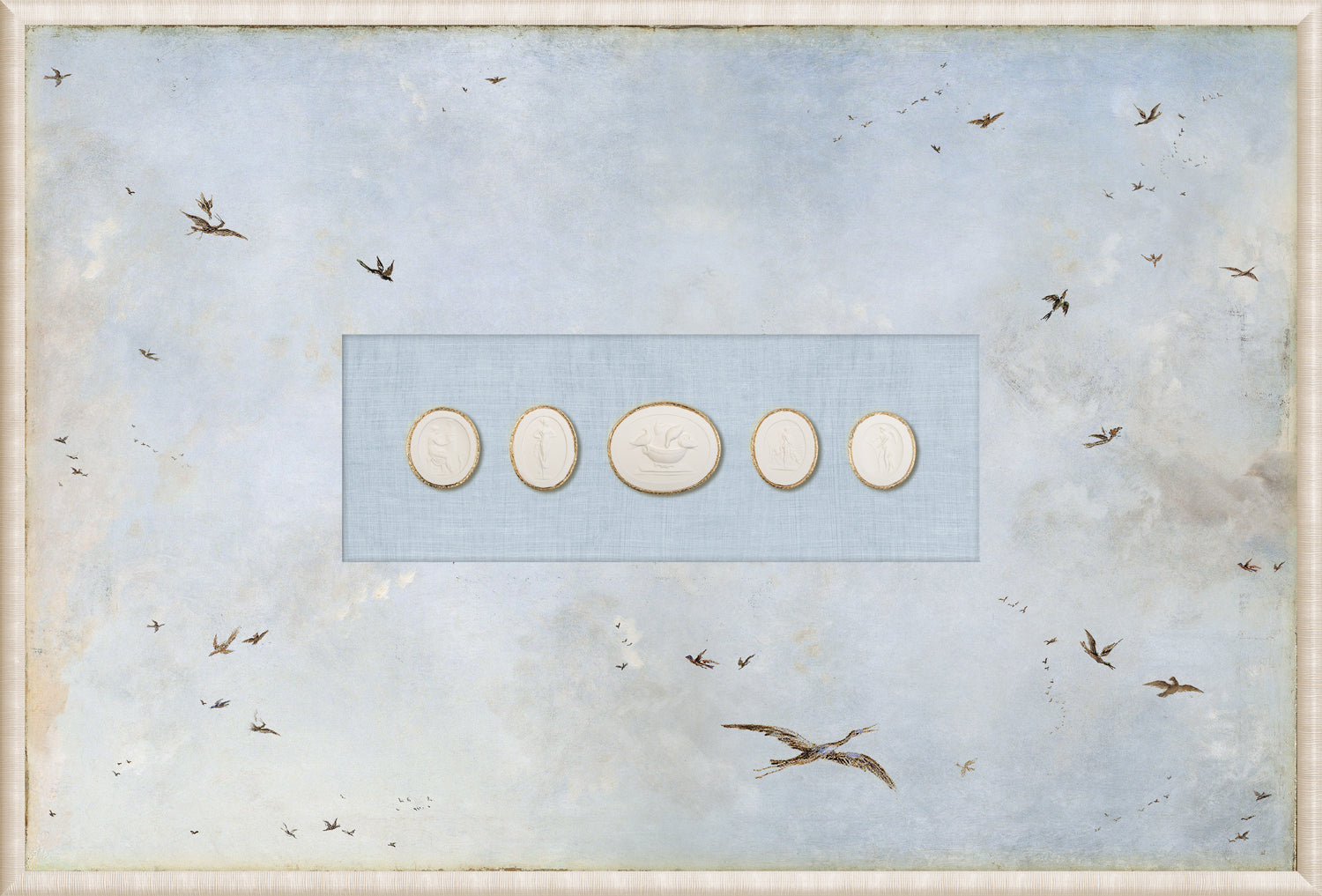 Grand Tour Intaglio – Soaring III wall art featuring white intaglios on a light blue background.
