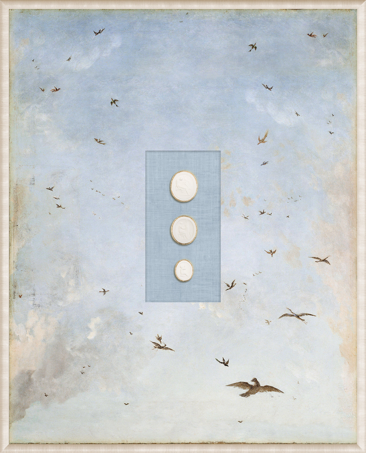 Grand Tour Intaglio – Soaring I wall art featuring a blue sky with birds and three intaglio pieces.