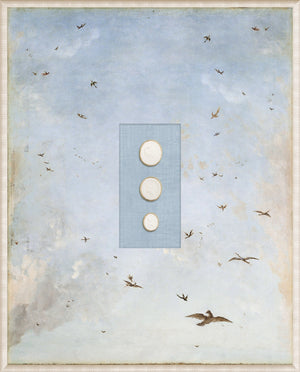Grand Tour Intaglio – Soaring I wall art featuring a blue sky with birds and three intaglio pieces.