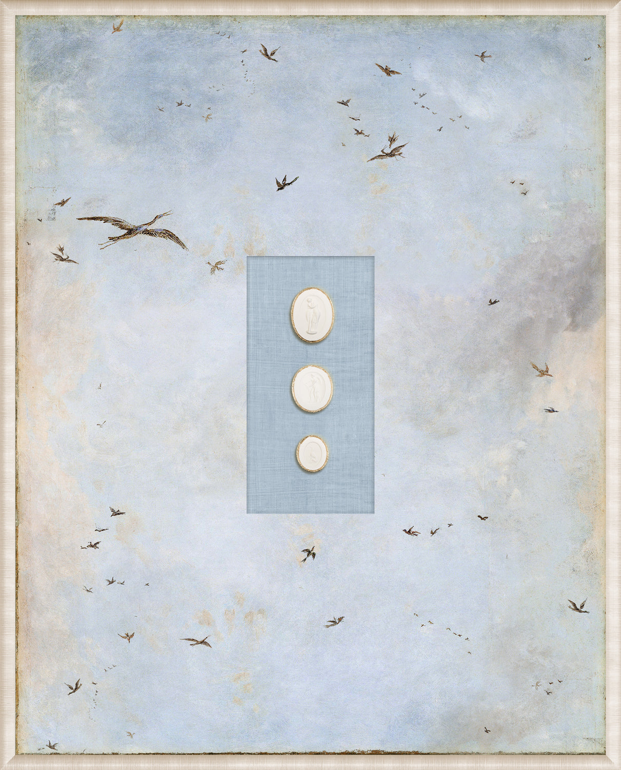 Grand Tour Intaglio – Soaring II wall art featuring a light blue background with birds.