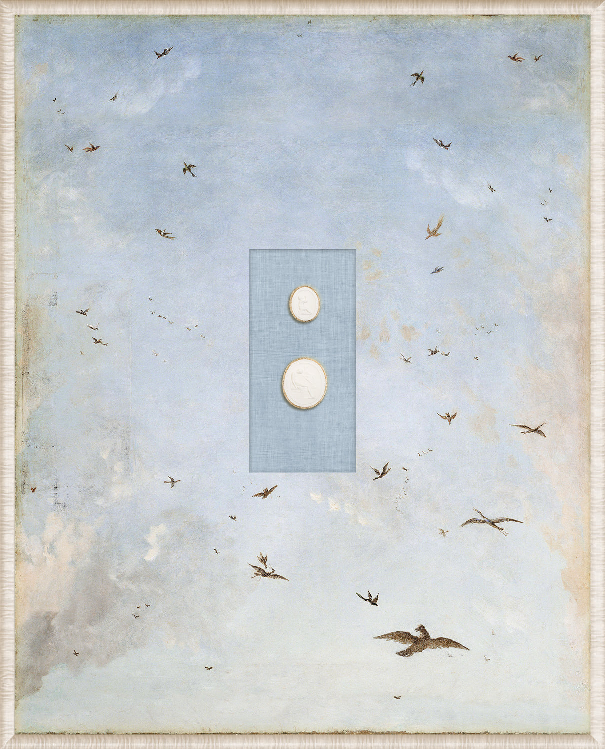 Grand Tour Intaglio – Soaring I wall art featuring a blue sky with birds and three intaglio pieces.
