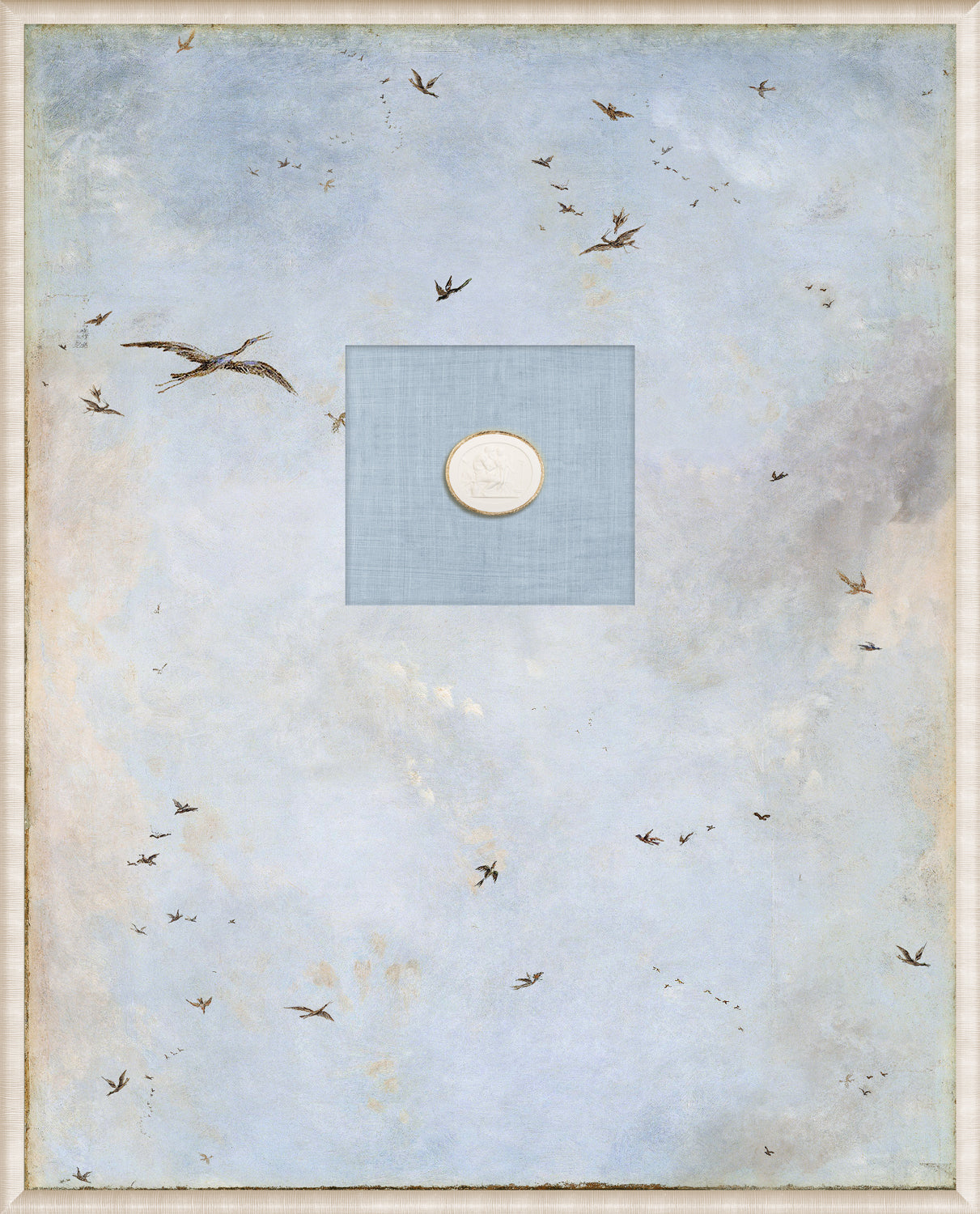 Grand Tour Intaglio – Soaring II wall art featuring a light blue background with birds.
