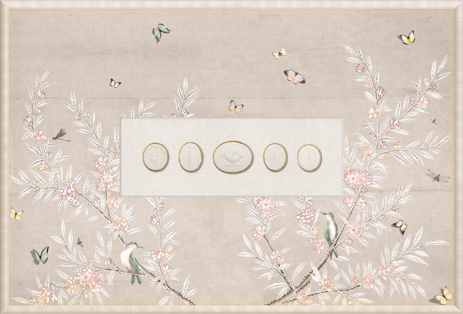 Grand Tour Intaglio – Spring Time Chinoiserie in Crème III, Form III framed art print, 14.75 × 21.75 in