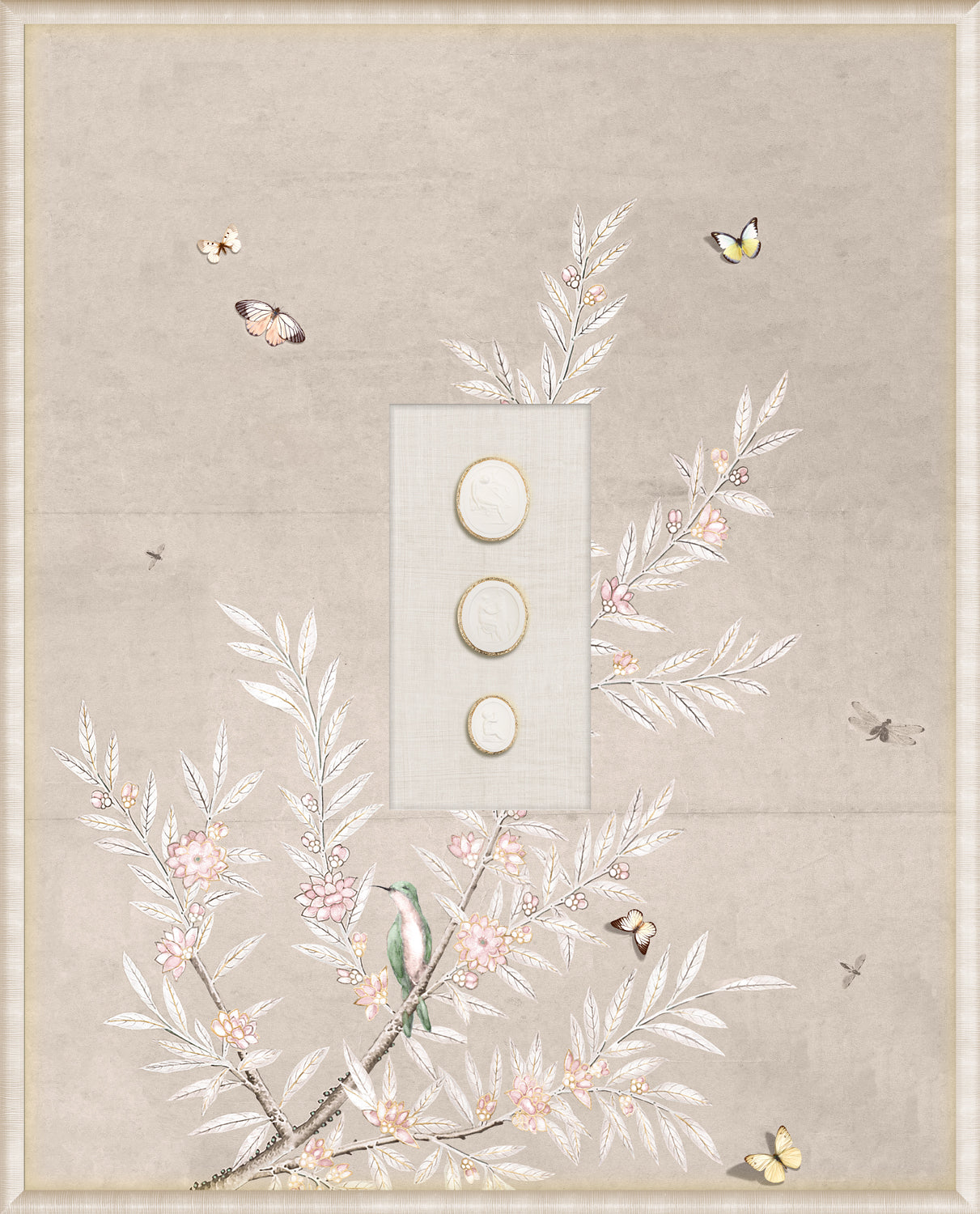 Grand Tour Intaglio – Spring Time Chinoiserie in Crème II, Form IV framed art print, 16.75 × 20.75 in
