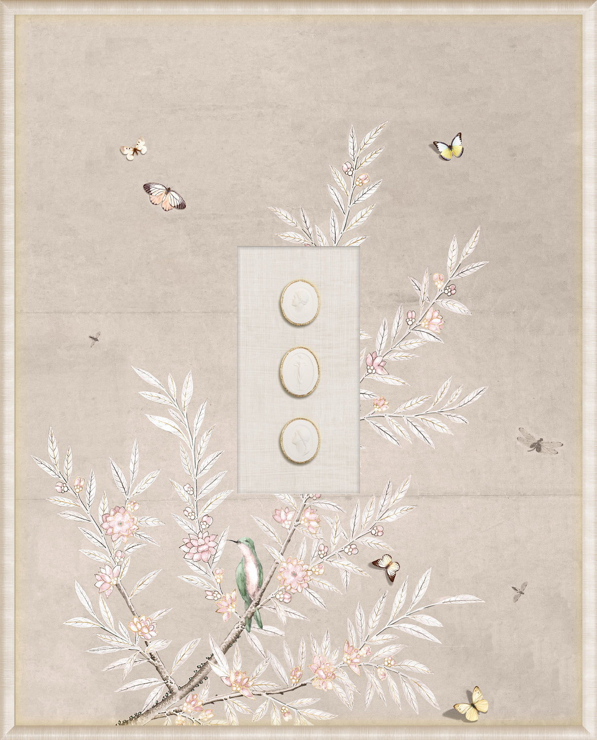 Grand Tour Intaglio – Spring Time Chinoiserie in Crème II, Form VI framed art print, 16.75 × 20.75 in