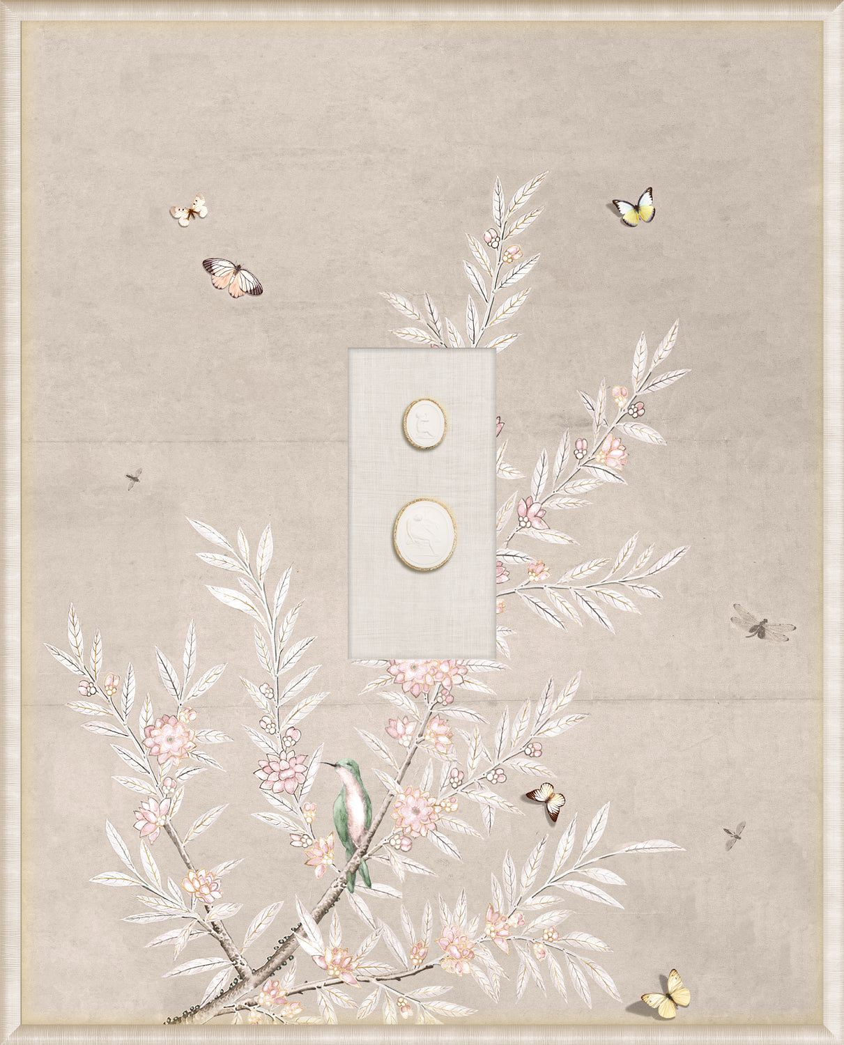 Grand Tour Intaglio – Spring Time Chinoiserie in Crème II, Form VII framed art print, 16.75 × 20.75 in