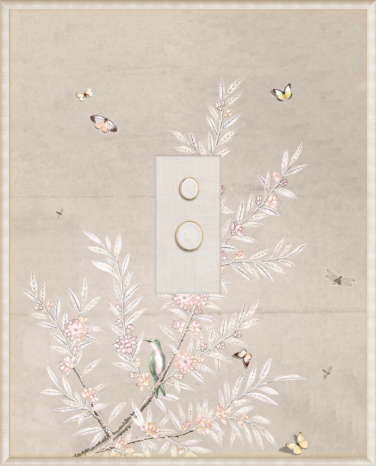 Grand Tour Intaglio – Spring Time Chinoiserie in Crème II, Form IX framed art print, 16.75 × 20.75 in