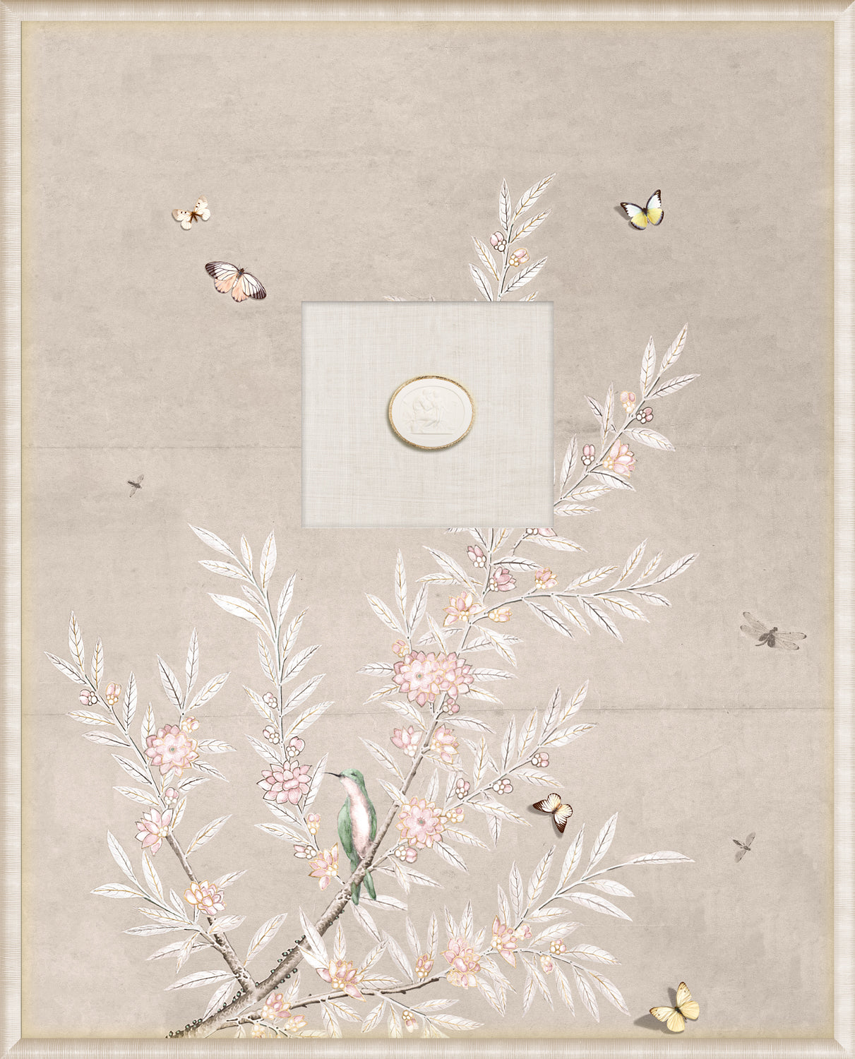 Grand Tour Intaglio Spring Time Chinoiserie wall art featuring butterflies and floral design in crème.